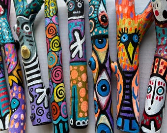 One-of-a-Kind  Small size Hand Painted Talking Stick |Ceremony, Healing Circle & Spiritual Gift | Original Driftwood Folk Art