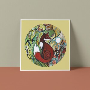 May include: A square art print depicting a stylized fox with a red body and white tail, set within a circular design. The artwork includes green foliage, a sun, and abstract figures, all on a yellow background.