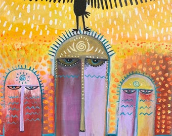 The Watchers Original Acrylic Painting & Fine Art Print | Contemporary Folk Art | A3