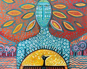 Earth DJ - Original Acrylic Figure Painting & Fine Art Print | Contemporary Folk Art | A3