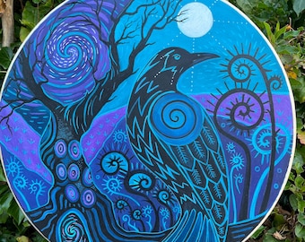 Raven & The Magical Tree  Original Hand Painted Shaman Drum
