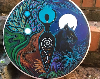 Goddess With Black Panther Hand Painted Shaman Drum