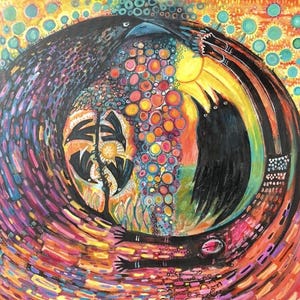 May include: Abstract painting with a circular composition. The artwork features two black birds, a sun, and a central figure with a floral design. The color palette includes vibrant hues of orange, yellow, blue, and purple.