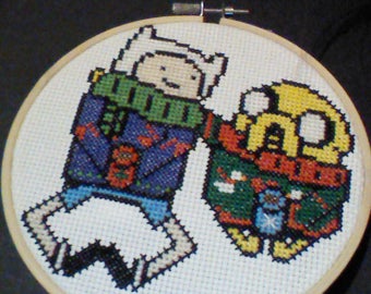 Adventure Time Christmas cross stitch pattern - Finn and Jake wearing Christmas sweaters - PDF cross stitch pattern