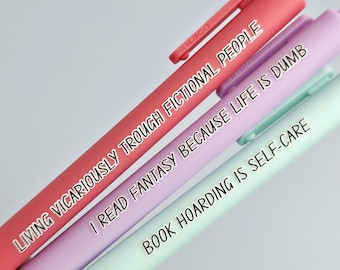 Fantasy Book Lover Pen Set | Funny Pens for Readers | “Book Hoarding is Self-Care” | Reader Gift, Bookish Stationery