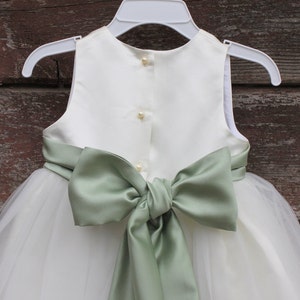Ivory Lace Flower Girl Dress - Wedding Party Holiday Bridesmaid Birthday Tulle Lace Ivory Flower Girl Dress, Sage color sash