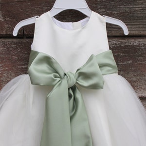 Ivory Lace Flower Girl Dress - Wedding Party Holiday Bridesmaid Birthday Tulle Lace Ivory Flower Girl Dress, Sage color sash, wedding