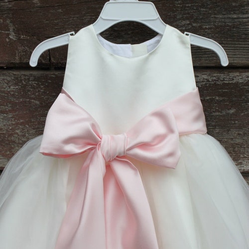 Ivory Flower Girl buying dress bow sash pageant pastel pink wedding bridal children bridesmaid toddler elegant