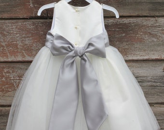 Ivory Flower Girl dress bow sash pageant silver wedding bridal children bridesmaid toddler elegant