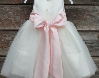 Ivory Flower Girl dress bow sash pageant pastel pink wedding bridal children bridesmaid toddler elegant