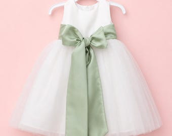 Ivory Lace Flower Girl Dress - Wedding Party Holiday Bridesmaid Birthday Tulle Lace Ivory Flower Girl Dress, Sage color sash