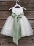 Ivory Lace Flower Girl Dress - Wedding Party Holiday Bridesmaid Birthday Tulle Lace Ivory Flower Girl Dress, Sage color sash