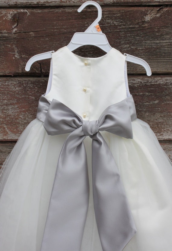 White flower girl clearance dress with grey sash
