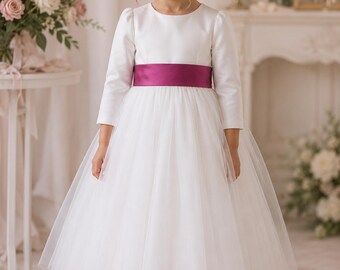 Ivory Flower Girl long sleeves dress bow sash pageant petals wedding bridal children bridesmaid toddler 3/4 sleeves burgundy color