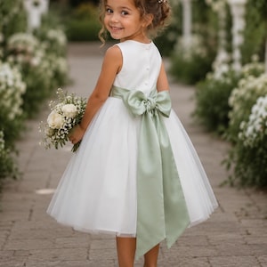 Ivory Lace Flower Girl Dress - Wedding Party Holiday Bridesmaid Birthday Tulle Lace Ivory Flower Girl Dress, Sage color sash