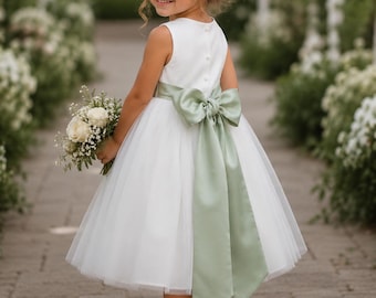Ivory Lace Flower Girl Dress - Wedding Party Holiday Bridesmaid Birthday Tulle Lace Ivory Flower Girl Dress, Sage color sash