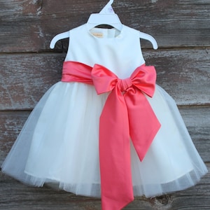 Coral color dress Ivory Flower Girl dress Coral color bow sash pageant petals wedding bridal children bridesmaid toddler elegant