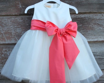 Coral color dress Ivory Flower Girl dress Coral color bow sash pageant petals wedding bridal children bridesmaid toddler elegant