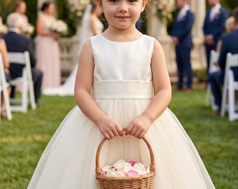 Ivory Flower Girl dress bow sash pageant petals wedding bridal children bridesmaid toddler elegant