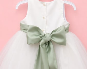 Ivory Lace Flower Girl Dress - Wedding Party Holiday Bridesmaid Birthday Tulle Lace Ivory Flower Girl Dress, Sage color sash, wedding