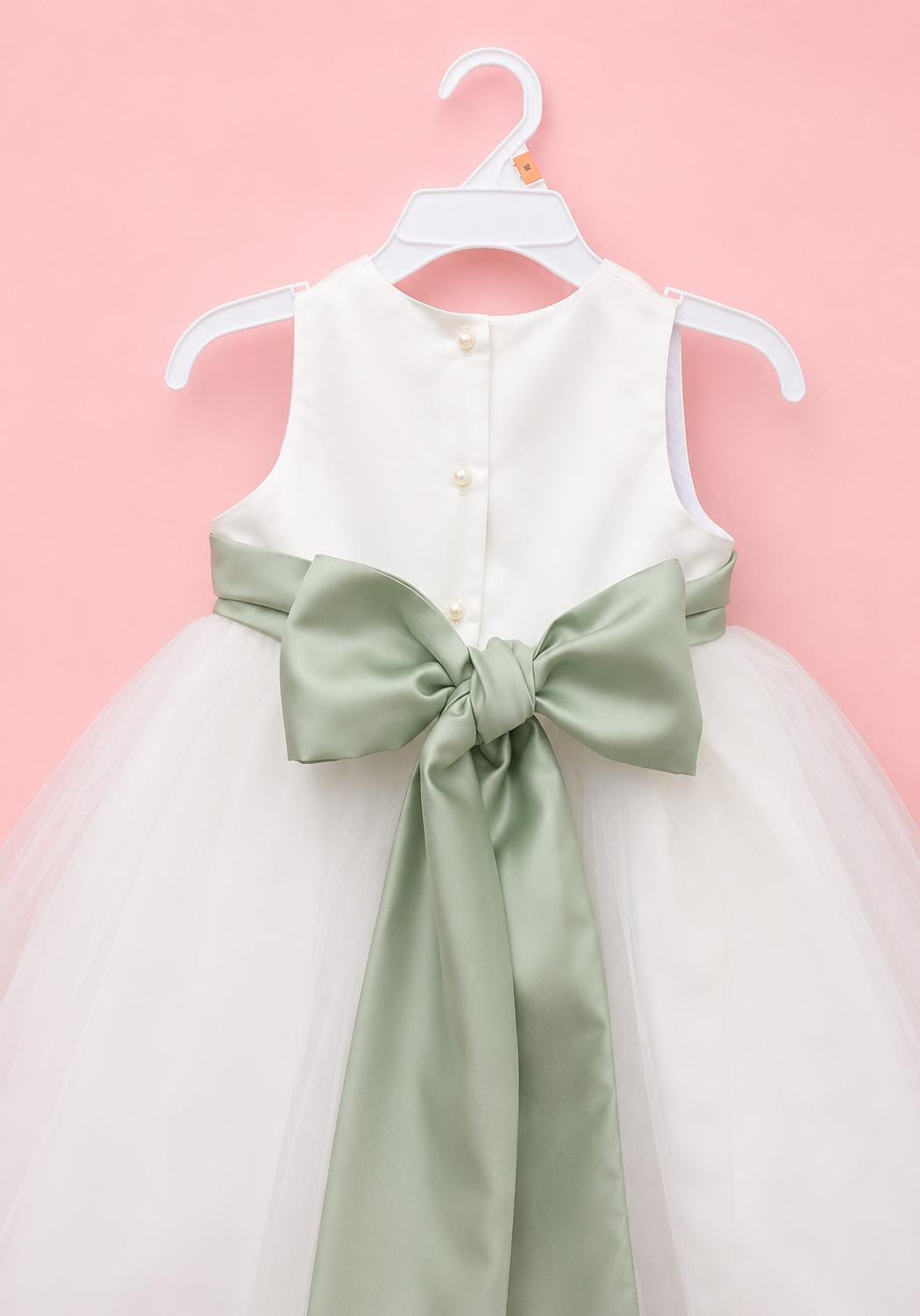 White Flower Girl Dress With Green Bow