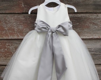 Ivory Flower Girl dress bow sash pageant silver wedding bridal children bridesmaid toddler elegant