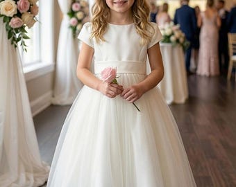Ivory White Short sleeves Tulle Flower Girl Dress, Sweetheart Neckline, Puffy Skirt, Tea Length