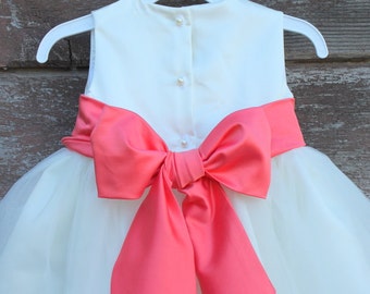 Coral color dress Ivory Flower Girl dress Coral color bow sash pageant petals wedding bridal children bridesmaid toddler elegant