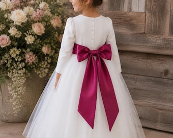 Ivory Flower Girl dress bow sash pageant petals wedding bridal children bridesmaid toddler 3/4 sleeves burgundy color