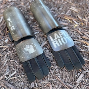 May include: A pair of black gloves with attached gray forearm guards. The guards have a speckled finish and the text "LAPID RIOT" and "ZOR" printed on them. A fist graphic is also visible.