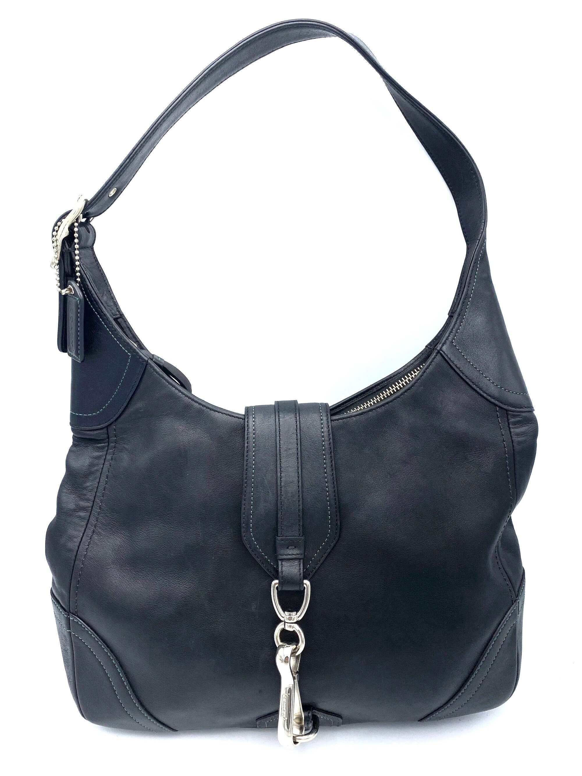 Coach Purse Bag Black Leather Hamptons Hobo Clip Shoulder 8A67 