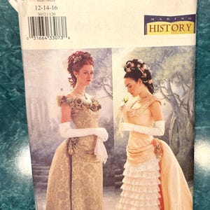 May include: A Butterick 3012 sewing pattern envelope for historical-style gowns in sizes 12-14-16. The front features two illustrations of dresses with floral accents, lace ruffles, and long white gloves, labeled with the Making History logo.