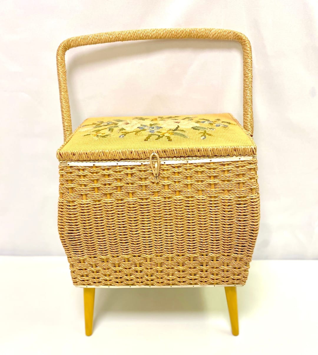 Vintage Sewing Basket With Legs and Tapestry Top Etsy