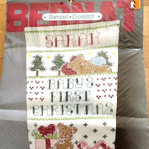 Vintage 1988 Bernat Babys First Christmas Stocking Cross Stitch Kit Joan Elliott Sealed