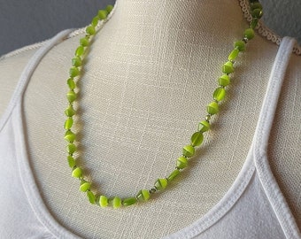 Lime Green Cat's Eye Beaded Necklace 22"