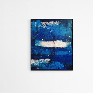 May include: Abstract painting with blue and white brushstrokes. The painting has a textured surface and a modern style.