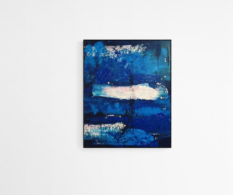 May include: Abstract painting with blue and white brushstrokes. The painting has a textured surface and a modern style.