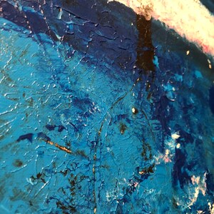 May include: Abstract painting with a blue, white, and black color scheme. The paint is applied in thick, textured strokes, creating a dynamic and expressive surface.