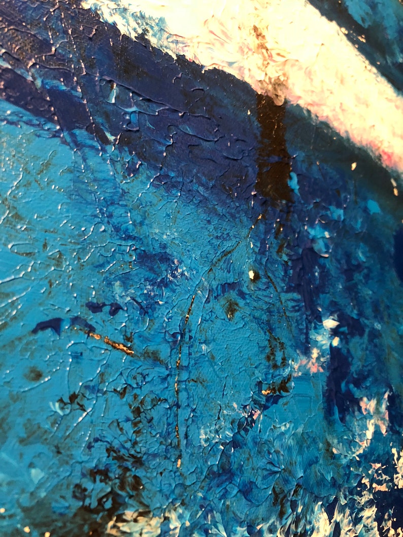 May include: Abstract painting with a blue, white, and black color scheme. The paint is applied in thick, textured strokes, creating a dynamic and expressive surface.
