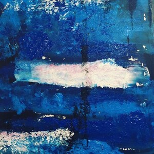 May include: Abstract painting with a blue background and white and pink accents. The painting has a textured surface and a layered look.