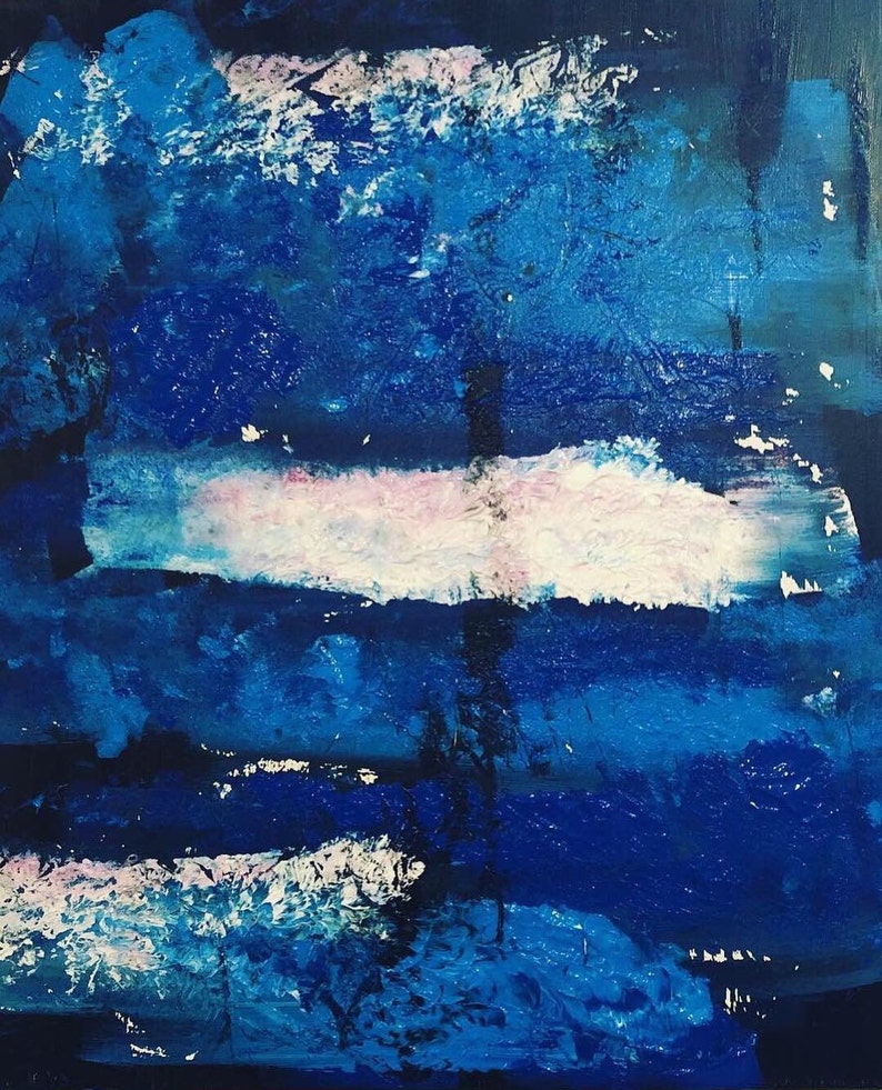 May include: Abstract painting with a blue background and white and pink accents. The painting has a textured surface and a layered look.