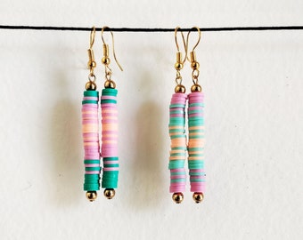 Heishi Beaded Bar Earrings / Retro Style / 90s Fashion / 70s Accessories / Lightweight / Handmade Earrings / Upcycled Jewelry / Colorful