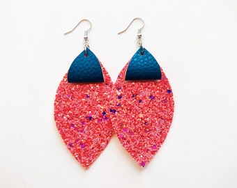 Deep Coral Glitter Leaf Top Classic Leaf Vegan Leather Earring / Statement Jewelry / Lightweight Earrings / Diffuser Jewelry / Handmade