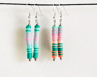 Heishi Beaded Bar Earrings / Retro Style / 90s Fashion / 70s Accessories / Lightweight / Handmade Earrings / Upcycled Jewelry / Colorful