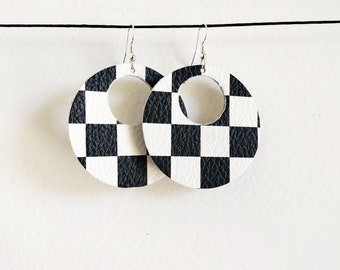 Checkerboard Halo Genuine Leather Earring / Retro Style / 90s Fashion / 70s Accessories / Lightweight / Diffuser Jewelry / Handmade Earrings