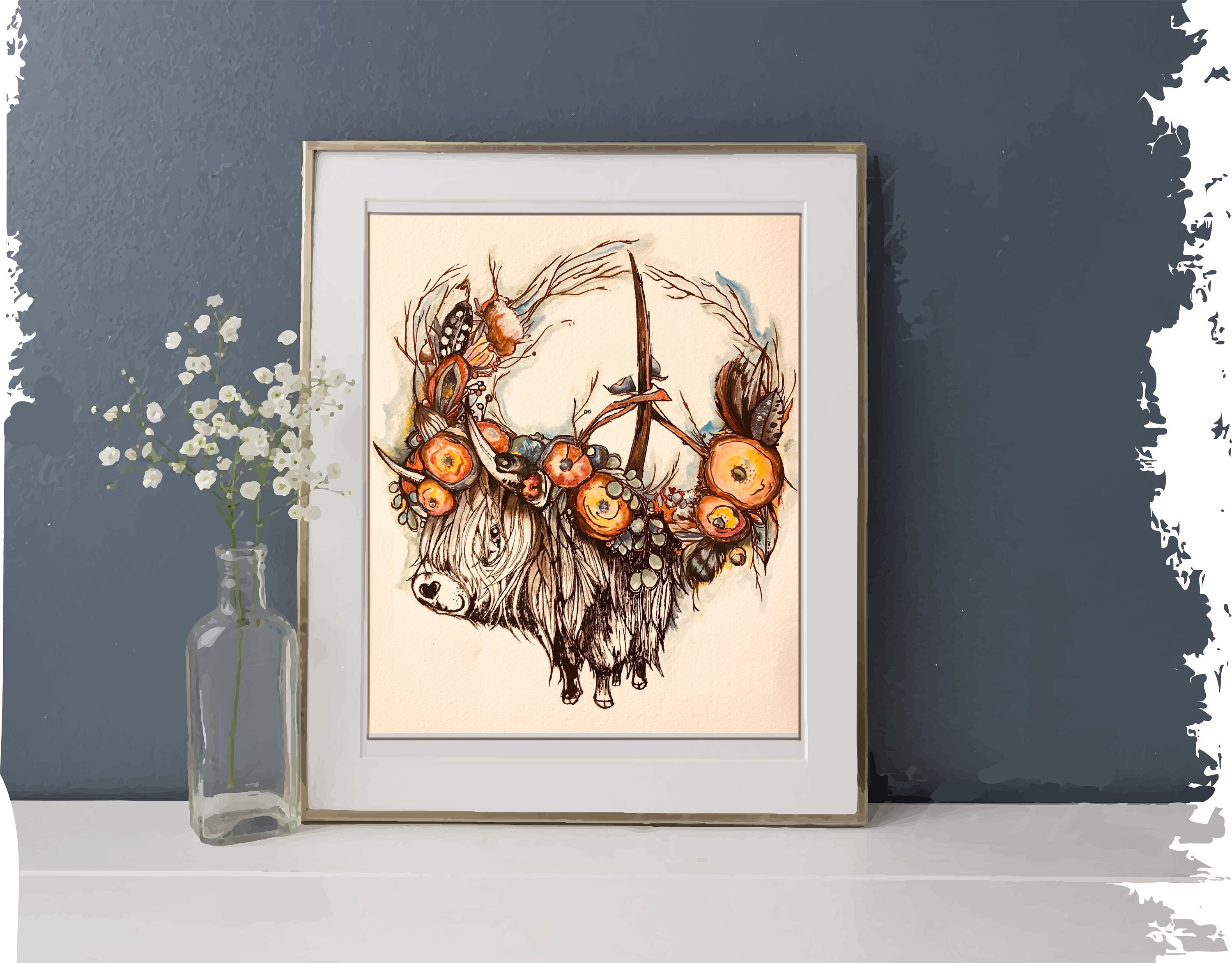 Happy Highland Cow Boho Style Peace Wreath Original Watercolor Happy Highland Cow Boho Style Peace Wreath Original Watercolor And Ink Framing Matte Included