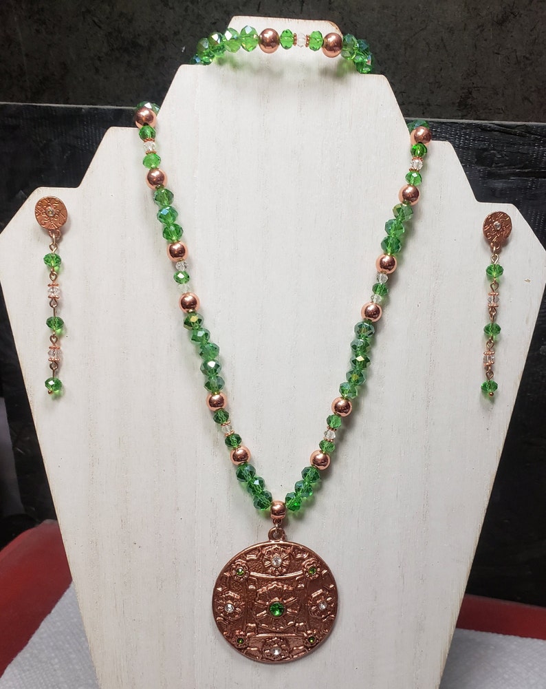 3 Pc Rose Gold and Green Crystal Necklace Set
