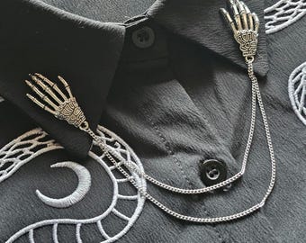 Halloween Skeleton Hands Collar Pin Chain. Silver Collar Chain. Collar Pin. Lapel pins. Punk Jewelry. Corporate Goth