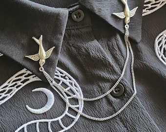 Bird Collar Pin Chain. Silver Collar Chain. Collar Pin. Collar Clips. Lapel pins. Bird Gifts. Swallow jewelry
