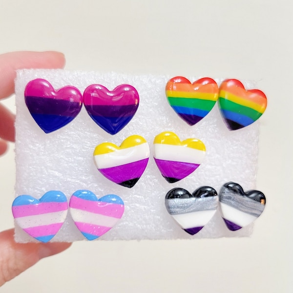 Pride flag heart stud earrings. Queer earrings. Pride earrings. Queer earrings. Bi, Trans, Enby, Ace.